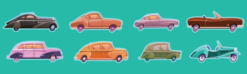 Vintage colorful car collection featuring classic sedans, wagons and convertibles in retro style. Nostalgic automobile illustration set for transport themes. © Vivid Pixel Studio.