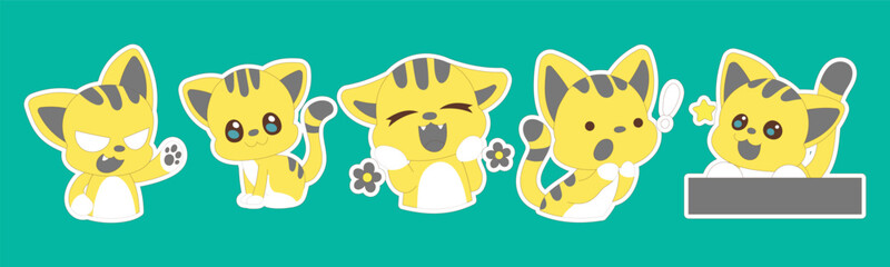 Cute cartoon leopard mascot face sticker set with playful expressions and emotions. Adorable wild cat character collection for kids and animal designs. © Vivid Pixel Studio.