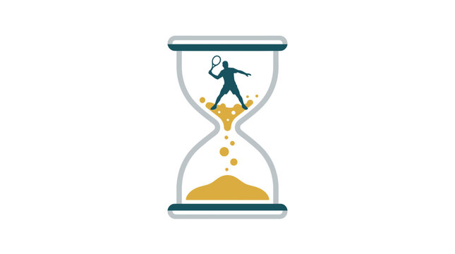 Tennis player inside hourglass, time running out concept, sports and deadline