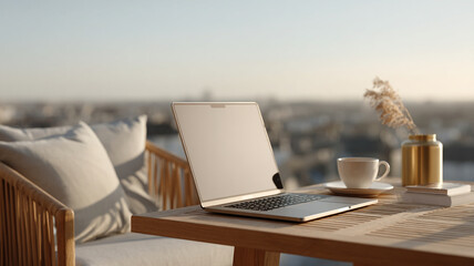 Obraz premium Laptop desk terrace coffee minimalist home office remote work setup on wooden table with sofa vase city view warm light