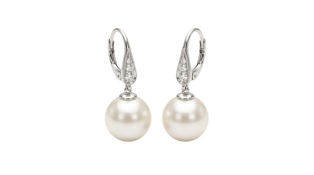 Elegant pearl drop earrings with silver diamond accents, classic bridal jewelry for weddings, luxury white pearl leverback earrings for formal events isolated PNG with Transparent Background