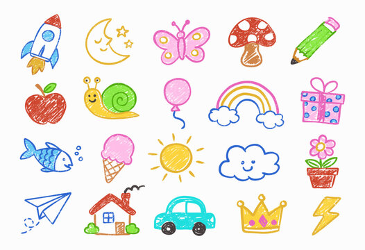 crayon doodle collection with colorful hand drawn elements like rocket, rainbow, sun, and car. Fun sketchy illustrations with vibrant chalk texture on white background