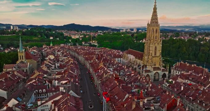 Aerial view over the city of Bern the capital city of Switzerland the historic district from above. Bern old town. The historic buildings in the city center