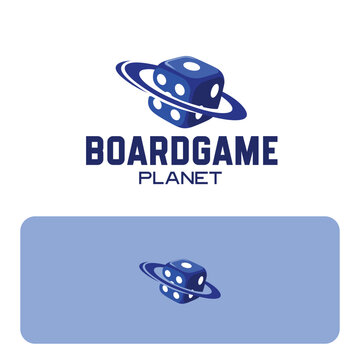 Board Game Planet Logo with Orbiting Dice Vector Gaming Emblem Design.