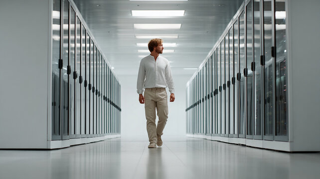 Technician data server corridor hub center network futuristic man walking through secure server room with focused expression