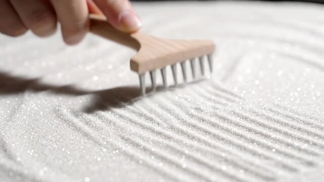 Woman's hand creating patterns in white glitter sand with a small wooden rake, evoking peace and meditation