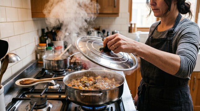A woman in her home kitchen carefully lifts the lid from a steaming pot of food, preparing a delicious meal on the gas stove