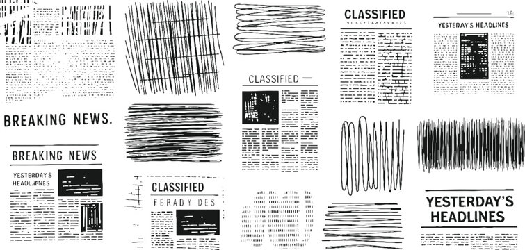 Collection of black and white newspaper clippings and abstract line breaking yesterday