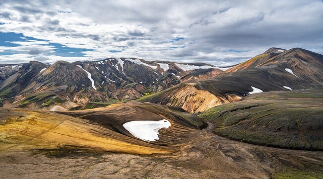 Landscape panorama, Dramatic volcanic landscape, Colourful erosion landscape with mountains, Lava field, Landmannalaugar, Fjallabak nature reserve, Su&eth;urland, Iceland