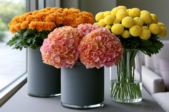 Orange chrysanthemum, pink hydrangea, yellow billy button flowers in modern vases on windowsill, natural light, fresh and vibrant