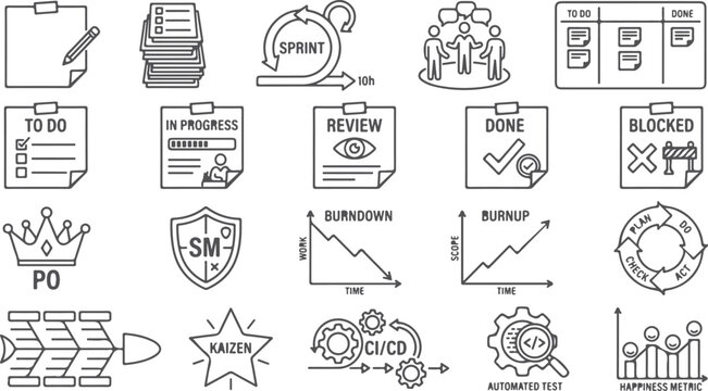 Agile project management tools icons including kanban board sprint planning burndown chart and continuous integration.