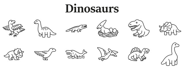Dinosaur creatures set icon. Flying reptile, long neck species, marine reptile, nest eggs, predator head, horned dinosaur, plated back, small bird form, aquatic shapes line style. © Кирилл Макаров