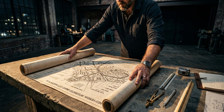 Man in a dark room rolling up a large architectural blueprint with drafting tools on a wooden table.
