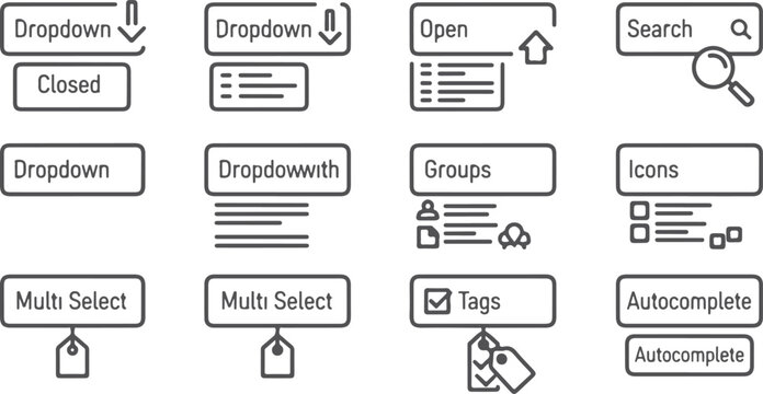 Collection of outline icons for web user interface elements including dropdown menus search buttons form inputs and selection options.