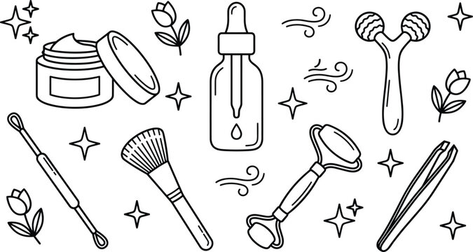 Skincare beauty routine self care element doodle set serum roller cream brush line art vectors