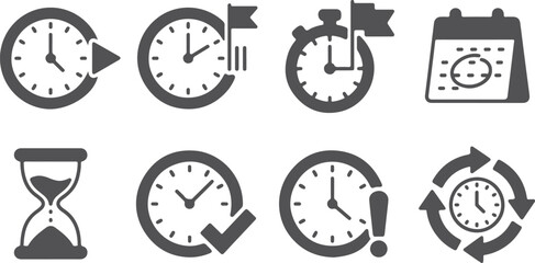 Fototapeta premium collection of eight clock and time related icons for workflow and business processes including hourglass calendar stopwatch and rotating arrows on transparent background.