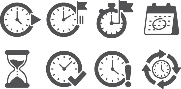 collection of eight clock and time related icons for workflow and business processes including hourglass calendar stopwatch and rotating arrows on transparent background.