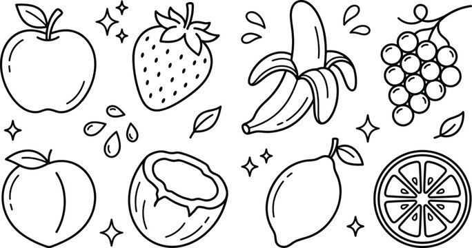 Fresh organic fruit healthy food element doodle set apple strawberry banana grape lemon line art vectors