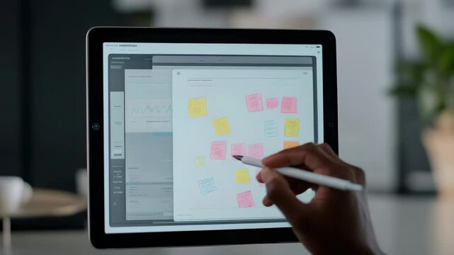 Project manager is using a digital tablet and stylus to organize sticky notes during a brainstorming session, enhancing productivity and collaboration in the modern workplace