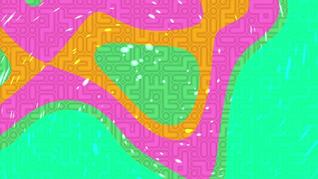 Abstract background with vibrant wavy shapes and a geometric maze pattern in bright grainy art neon colors.