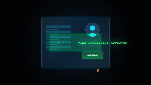 Digital interface displays user profile and approval button with data processing animation.