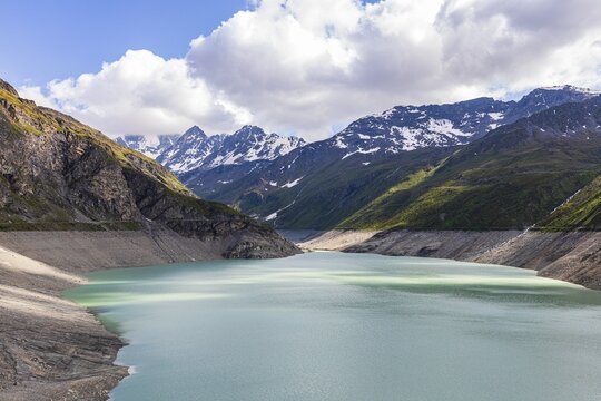 Moiry reservoir with low water, near Grimentz, Val d'Anniviers, Valais Alps, Canton Valais, Switzerland