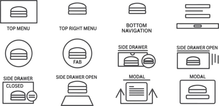 Collection of hamburger menu icons representing different navigation styles and UI elements including top menu bottom navigation side drawer and modal interfaces for web and app design.