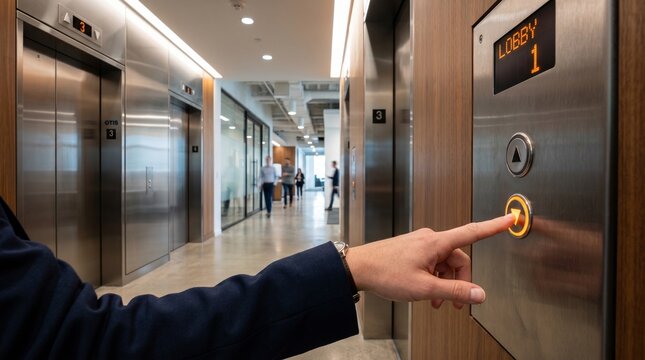 A professional's hand reaches out to press the illuminated call button for a modern elevator in a sleek office building lobby, symbolizing daily routine and business flow