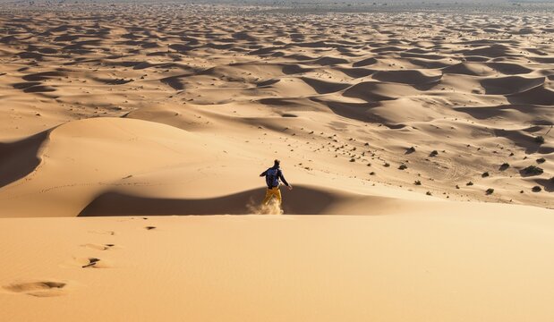 Young man walking down a sand dune, dune landscape Erg Chebbi, Merzouga, Sahara, Morocco