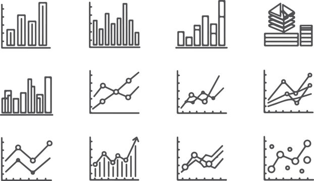Collection of various business finance chart and graph icons representing financial data analysis and statistics including bar charts line graphs and stacked coins for reporting.