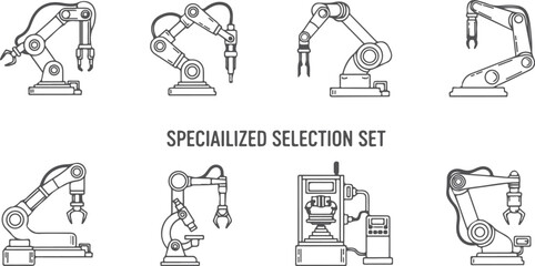 Obraz premium Set of robotic arm icons in various configurations representing industrial automation and specialized machinery with detailed mechanical engineering elements.