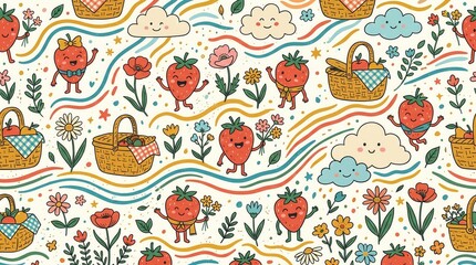 Naklejka premium Happy strawberries, full picnic baskets, blooming flowers, and smiling clouds create a lively scene