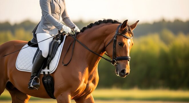 Elegant dressage rider wearing professional gray jacket and white breeches sits atop a powerful brown horse during a golden hour