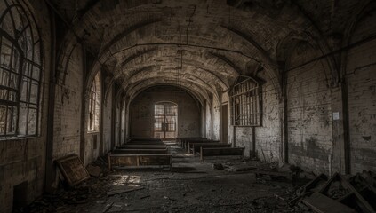 Naklejka premium Arched hallway of a deserted jail.