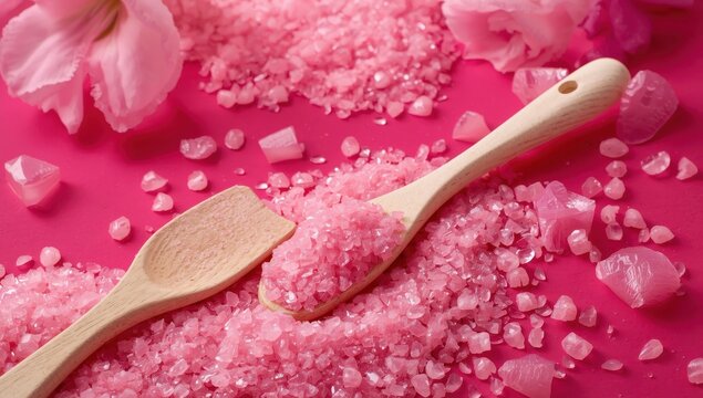 Attractive pink wax beads and wooden applicators on a magenta backdrop. Hair removal.