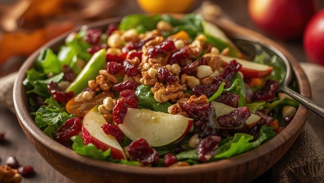Autumn salad featuring mixed greens, apple, nuts, and cranberry.