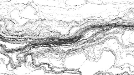 Black and white contour lines depicting topographical map of a river valley with dense foliage © Towhidul