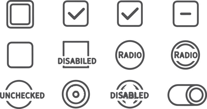 Checkbox radio button toggle switch icons for user interface design representing checked unchecked disabled and selectable states for web and mobile applications.