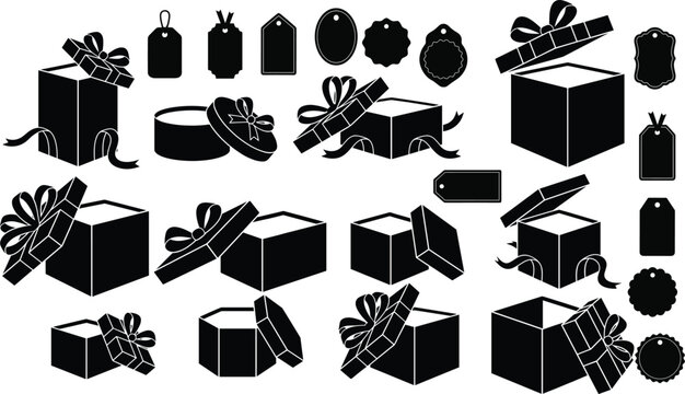 Gift Box Silhouette Collection with Hanging Tags, Ribbons, and Decorative Seals for Holiday Packaging Design Elements