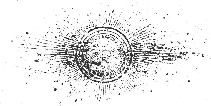 Grunge circular stamp with radiating lines and ink splatters