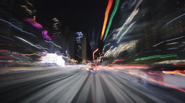 Hyperlapse night ride through Tokyo&rsquo;s neon metropolis, car windshield view, rapid motion-blur highway with echo effect, glowing light trails, traffic and skyscrapers in time-lapse footage.