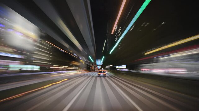 Drivelapse night ride through Tokyo neon metropolis, view from a car windshield, high speed motion-blur highway, beautiful glowing light trails, traffic and skyscrapers time-lapse footage.