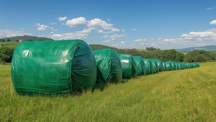 Obraz premium Big stacks of hay covered in green tarps on a farm, silage storage in rural scenery.