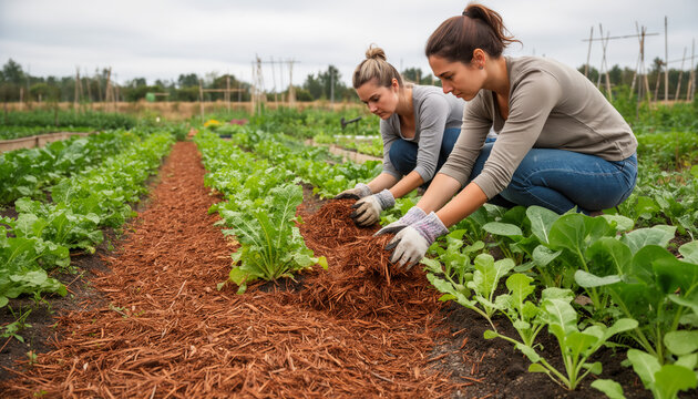 Two young female gardeners kneeling together to spread organic wood bark mulch along a long soil bed row to protect vegetable crops on an eco friendly local farm
