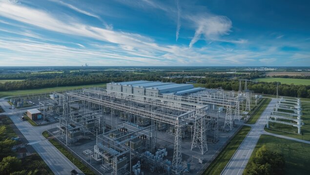 Bird's-eye perspective of power substation for data centers in Ohio, USA.