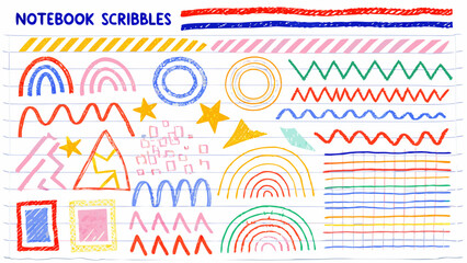 Obraz premium Colorful crayon scribbles and doodles on lined paper background