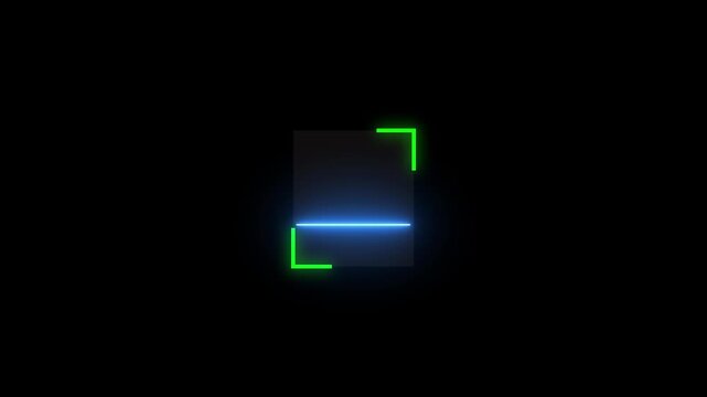 Neon Hud interface loading animation with glowing blue scan line and green corner brackets for futuristic tech UI and digital motion.