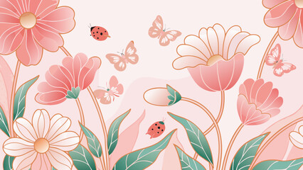 Floral ornament with butterflies and ladybugs pastel pink background © Etika