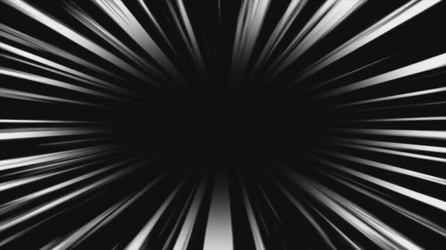 Abstract speed lines tunnel background, black and white motion burst effect, dynamic radial zoom streaks, futuristic energy warp animation, 4k backdrop