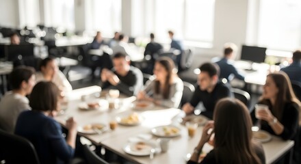 Obraz premium Blurred image of diverse group of colleagues enjoying lunch together in a bright office cafeteria.